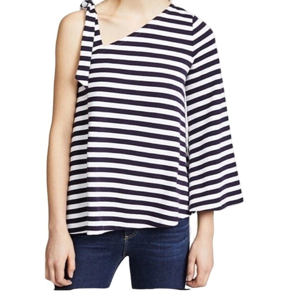 Club Monaco One Shoulder Striped Top Womens S Cynder Navy Blue White Bell Sleeve